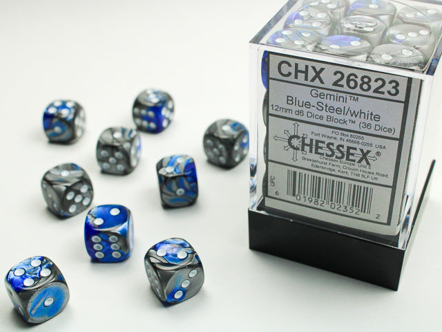 12mm D6 Dice Block: Gemini Blue-Steel/White