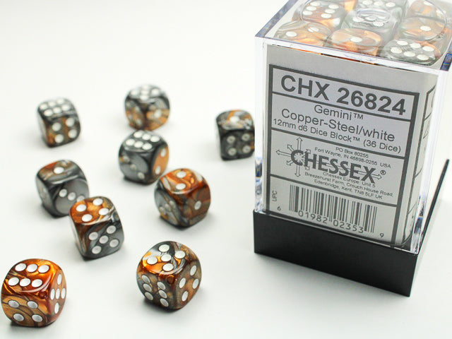 12mm D6 Dice Block: Gemini Copper-Steel/White