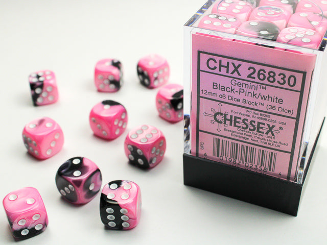 12mm D6 Dice Block: Gemini Black-Pink/White