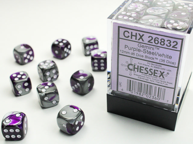 12mm D6 Dice Block: Gemini Purple-Steel/White