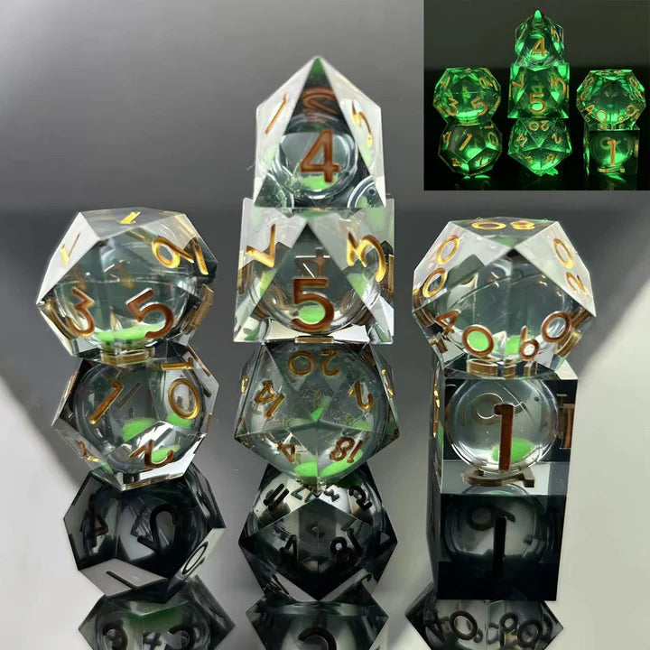 RPG Dice Set - Sharp Edge Glow in the Dark Liquid Core Green Mist