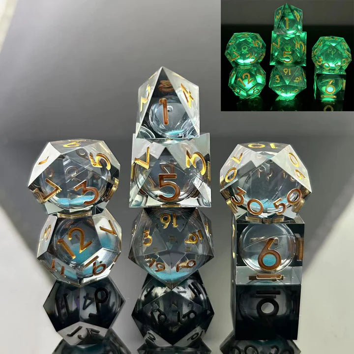 RPG Dice Set - Sharp Edge Glow in the Dark Liquid Core Blue Specter