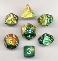 Polyhedral 7 Die Set: Gemini Gold-Green/White