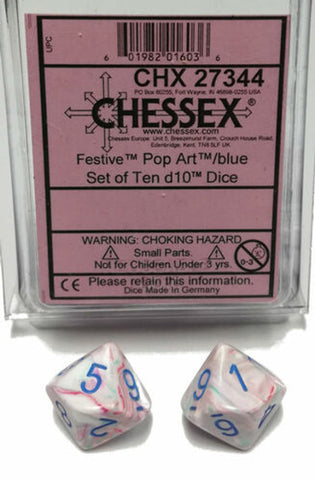 Set Of 10 D10 Dice: Festive Pop Art/Blue