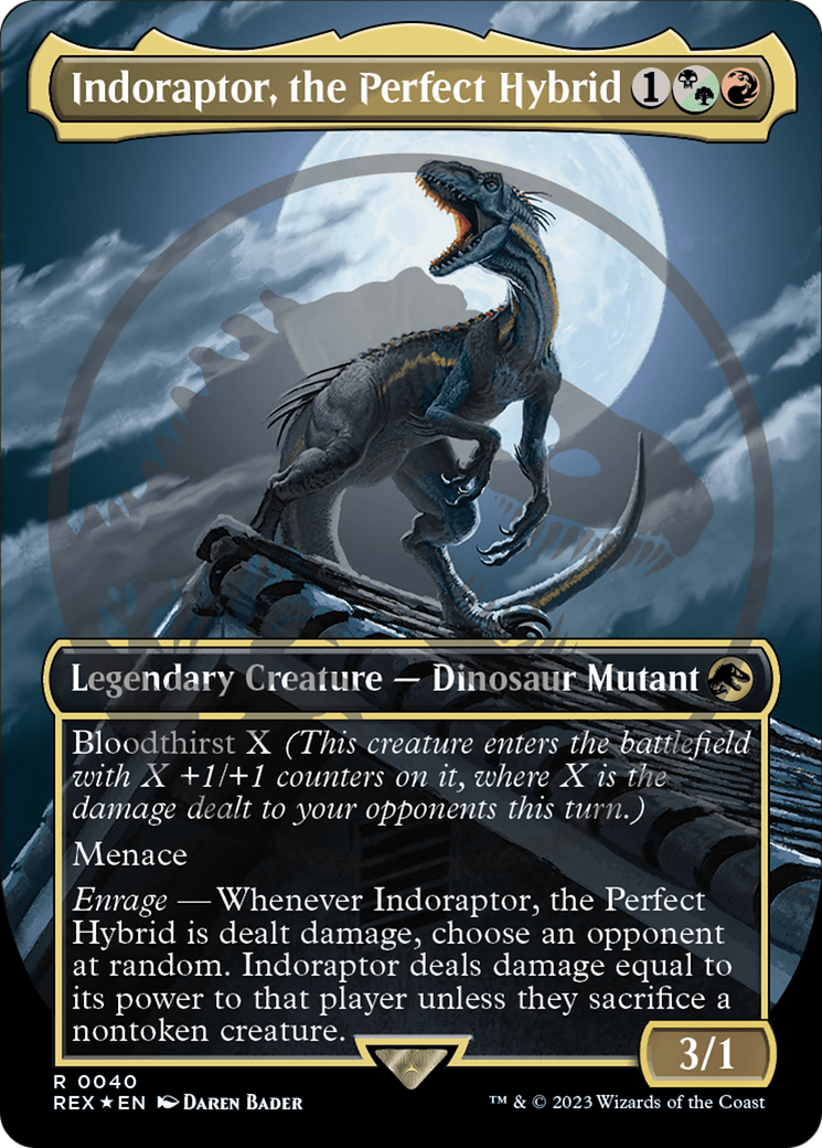 jurassic park emblem cards mtg Indoraptor, the Perfect Hybrid Emblem (Borderless) [Jurassic World Col